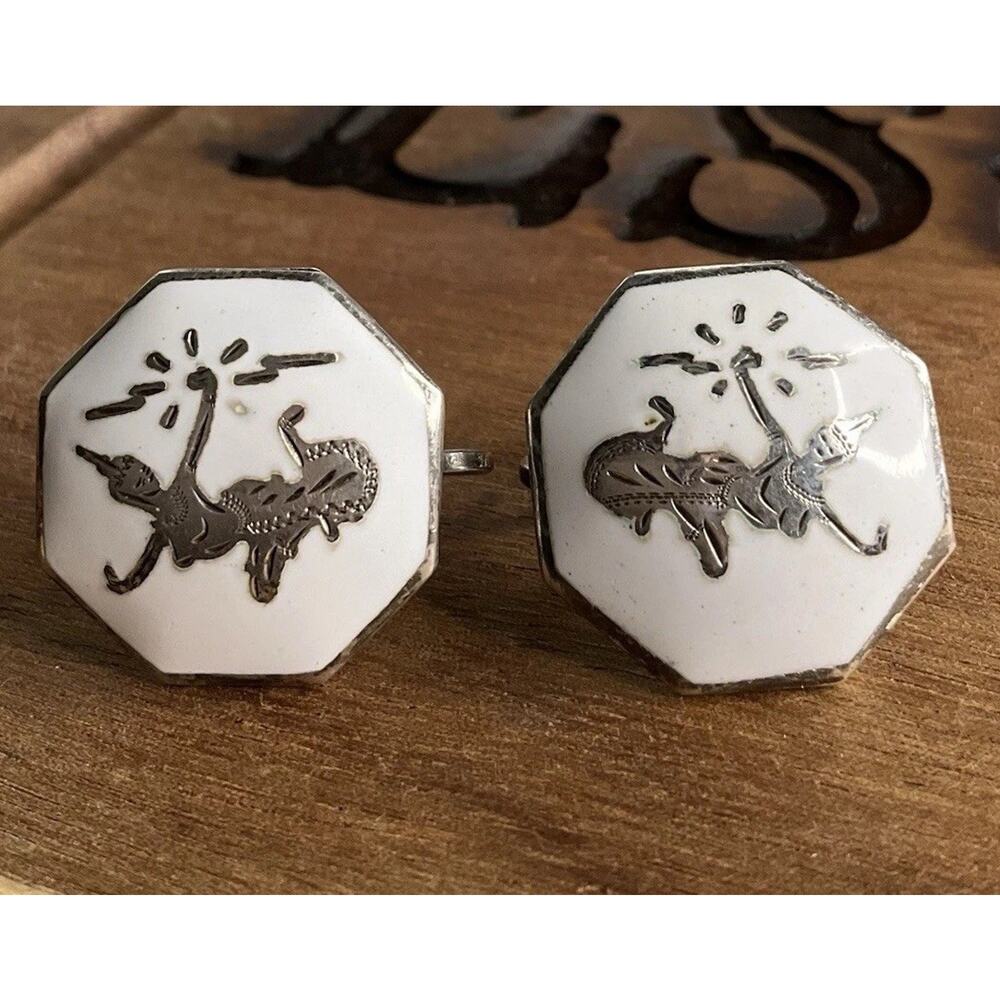 Vintage Siam Sterling Silver Niello Earrings Thai Dancer 1950s Screwback 8.2gr